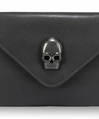 Dark Grey Skull Embellishment Flap Over Clutch Bag Evening Handbag