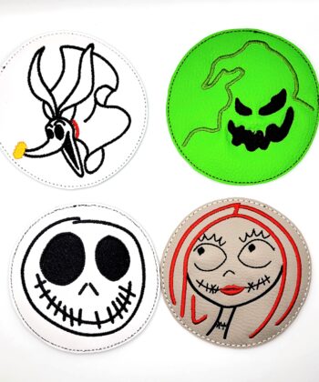 4 X Cute NBC Style Embroidered Decorative Coaster Set, Mug Rug Handmade Home Décor Jack, Oogie Boogie, Sally & Zero