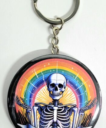 Funny Skeleton Keyring “Everything Sucks” Rainbow Badge Keychain Quirky Goth Accessory