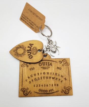 Gothic spirit board keychain with spider charm
