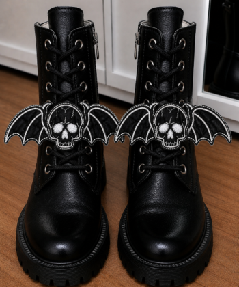 Large black skull bat shoe wings on boots