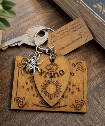 handmade wooden ouija keyring with spider charm